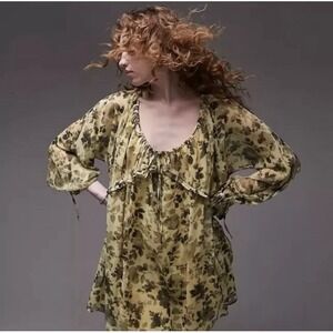 Topshop Yellow Floral‎ Sheer Ruffle Tie Mini Dress US 6 Boho Chic Romantic NWT